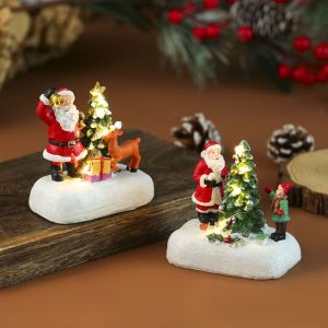 BEIBEI Resin Luminous Christmas Statue Santa Claus Design Snow View Christmas Decor Country Scene with Led Lights Christmas Street Lamp Ornament for Home Decoration