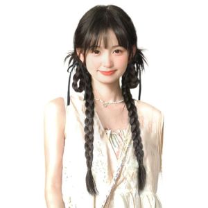 BEAUTYLADIES 2Pcs Twist Braid Wig Bubble Braid New Chinese Style Fried Dough Double Ponytail Wig Cute Simulation Chicken Feather Boxing Braid for Women