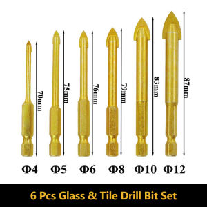 KEELAT 6 Pc Glass & Tile Drill Bit Set with sizes Φ4 Φ5 Φ6 Φ8 Φ10 Φ12 and lengths 70mm 75mm 76mm 79mm 83mm 87mm.