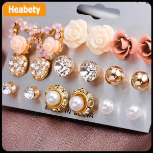 【2-3 days delivery】 9 Pairs Set Womens Crystal Pearl Flower Ear Studs Earrings Elegant Jewelry Gift