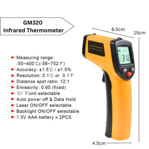 Ready Stock GM320 Single Laser Digital Infrared Thermometer Industrial Professional Temperature Detector Non Contact High Accuracy Alarm Alert Laser Pointer LCD Display with Backlight Celsius Fahrenheit Car Engine Tyre Restaurant Kitchen Cooking Barbecue