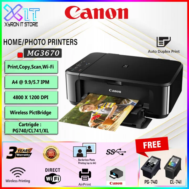Canon Home Photo Duplex Printer MG3670 Wireless | AIO Printer (Wireless Duplex Print, Copy, Scan) | PG-740 CL-741 Included | 3 Years Warranty