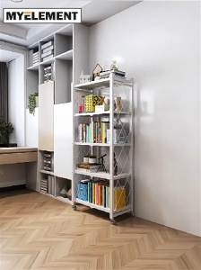 Myelement Kitchen Foldable 3/4/5 Tier Storage Shelves With Wheels Shelf Collapsible Cart Organizer For Home office Store Black color