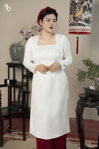 Set áo dài gấm trắng cổ kim cương + Quần lụa đỏ BIGSIZE (55kg đến 95kg) - 23SCT05 - [BUStu Bigsize]