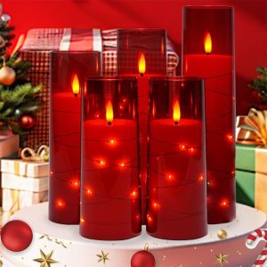 UMBRAULI 5Pcs/set Không dây Đèn nến điện tử Đỏ Sáng tạo Nến không lửa xoay Đồ mới lạ Hoạt động bằng pin Ánh nến mô phỏng Trang trí nhà cửa