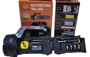 Senter Tangan 18 WATT + COB Super LED Portable Rechargeable Handheld Flashlight USB- C Multifungsi Waterproof 14 in 1 Tool Set Kit Box / Alat Perkakas Lampu LED Emergency SOS Merah Biru Obeng Meteran JKT-DL-119
