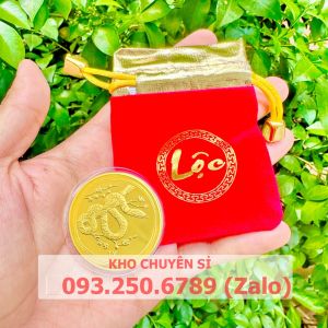Đồng tiền Xu RẮN Vàng Lì Xì Tết - mặt sau chữ lộc chiêu tài  tặng kèm túi nhung đỏ PHÚC