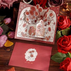 HEFEI Rose 3D Greeting Card Pop Up Love Flower Valentines Day Card Surprised with Envelope Greeting Card Wedding Invitations