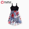 PatPat Family Matching Black Cotton Tee Beach Short-sleeve Shirt and Flora Print Splicing Halter Strap Midi Dress Sets. 