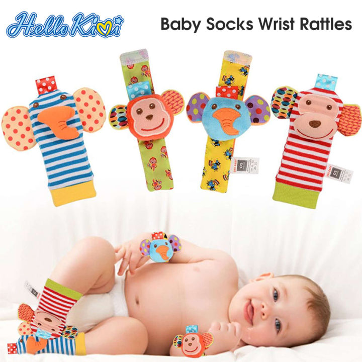 HelloKimi 4PCS Wrist Rattle Toys Baby Hand Wrist Rattles Cute Animal Hand  Bell Infant Baby Toys Wrist Music Rattle Toys Wristband 0-6 Months
