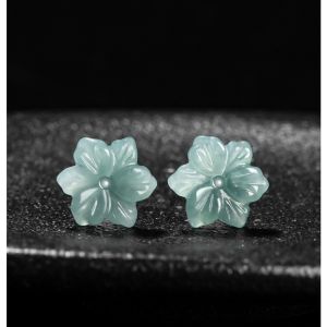 สีฟ้าอ่อนผู้หญิงแกะสลักเกรด A ธรรมชาติหยกกล้วยไม้สามมิติที่ S925ใบรับรองต่างหูเงินทรงยาว