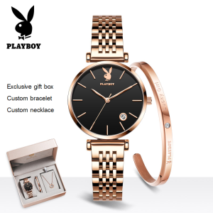 PLAYBOY ขายดีเซ็ตนาฬิกาสำหรับผู้หญิงกันน้ำของขวัญที่สวยงามกล่องแฟชั่นตาข่ายสายเหล็กนาฬิกา