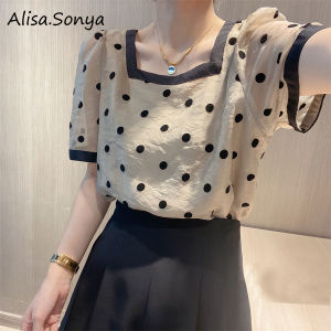 Alisa.Sonya Womens Summer Casual Polka Dot Print Short Sleeve Shirts Square Neck Blouse Tops