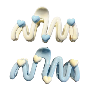 Women’s Blue Heart Waved Shaped Hair Claw for Women Sweet Cute Irregular Shark Hairpin Ornament Cream Color Headwear
