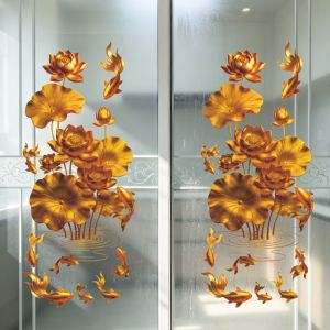 SIMPLETEN Plastic Flower Koi Sticker Anti-static Chinese Style Decorative Sticker 3D Effect Glass Door Sticker for Bathrooms Living Rooms and Bedrooms