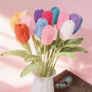 MACRAMEX Creative Finished Knitted Tulips Flower Crochet Flowers Hand-woven Fake Flower Plants Fake Flowers Knitted Flower Crochet Bouquet Wedding Decor