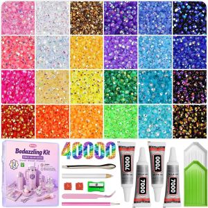 Redtwo viên đá nhựa resin dạng thạch dùng cho bộ dụng cụ trang trí lấp lánh 24 màu 3mm đá trang trí nhiều màu mặt phẳng bộ 4 miếng keo và dụng cụ bộ dụng cụ trang trí cho quần áo sách giày dép móng tay và các công việc thủ công.