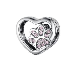 BAMOER Cat Love Heart-shape Charm 925 Sterling Silver Paw Footprints Heart Charms for Bangle Bracelet Fine Jewelry SCC1191