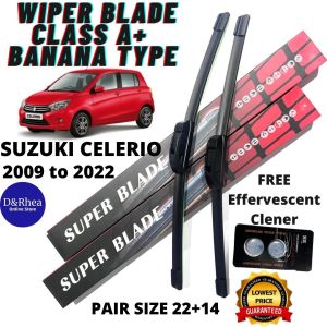 WIPER BLADE CLASS A+ SUZUKI CELERIO 2009 TO 2023 (FREE) CAR WINDSHIELD WINDOW CLEANER TABLET - PAIR (22+14)