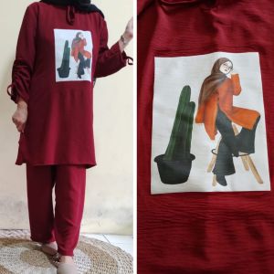 Setelan Wanita Murah Casual Onset Remaja Murah KAKTUS SET CRINKLE APLIKASI SABLON ATASAN DAN CELANA