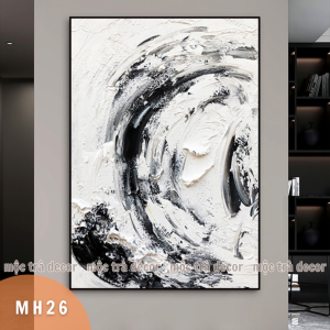Tranh trừu tượng đen trắng phong cách Wabi Sabi in vải canvas nhập khẩu đã có khung và phụ kiện treo
