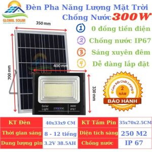Đèn Năng Lượng Mặt Trời Global Solar Ngoài Trời Chống Nước ip67 300W. Kèm Tấm Pin Rời Có Remote Có Cảm Biến Tự Động Dây Nối 5m Loại Tốt Thời Gian Sáng 10-14h.Tặng Kèm Đầy Đủ Phụ Kiện