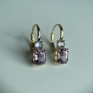 Natural Burmese Purplish Pink Spinel and Natural Sapphire Lever Back Earrings