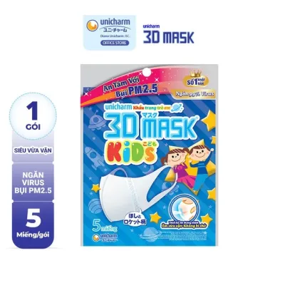 Khẩu trang dành cho bé Unicharm 3D Mask Kid ngăn được bụi mịn PM2.5 và vi khuẩn (5 miếng/gói)