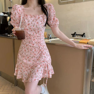 French Floral Short Sleeve Dress Womens Summer Mini Korean Square Neck Chiffon Puff Sleeve Short Skirt