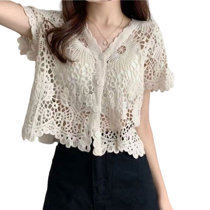 Women French Style Short Sleeve Lace Shrug Hollow Out Crochet Knit Bolero Cardigan V Neck Button Down Sheer Crop Jacket Lazada Singapore