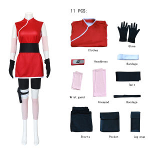 【Free Headband 】Anime Naruto Haruno Sakura Cosplay Costume Ninja Haruno Sakura Red Dress With Headband Glove Kneepad 11pcs Kimono Sets Halloween Carnival Outfits
