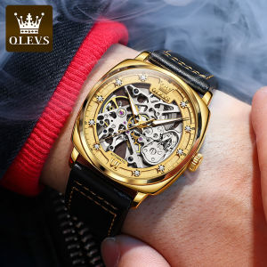 OLEVS Fashion Watch for Men Black Automatic Machinery Original Waterproof Leather Luminous Hollow Dial Steam Punk Style Black/Silver/Gold