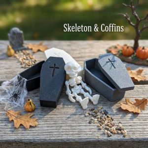 MNTT 3D-Printed Articulated Skeleton Flexible Joints Removable Coffin Boxes Halloween Toy Creative Plastics Posable Skeleton Home Decoration