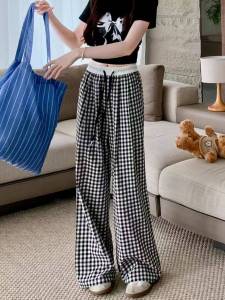Ginza6 New Plaid Pants For Women High Waist Loose Casual Staight Trousers Wide Leg 628#