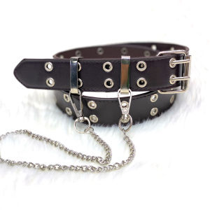 Double Row Belt Punk Chain Belt Adjustable Black Fashion Leather Belt Rock Punk Hip Hop Personality Leisure Style
