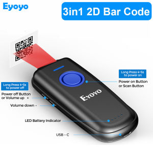 Eyoyo 1D Laser Mini  Barcode Scanner Via Bluetooth 2.4G Wireless USB Wired With Power On/Off Button Volume Up/Down Button Portable Bar Codes Reader for Windows/Mac Computer/Android/iOS Phones