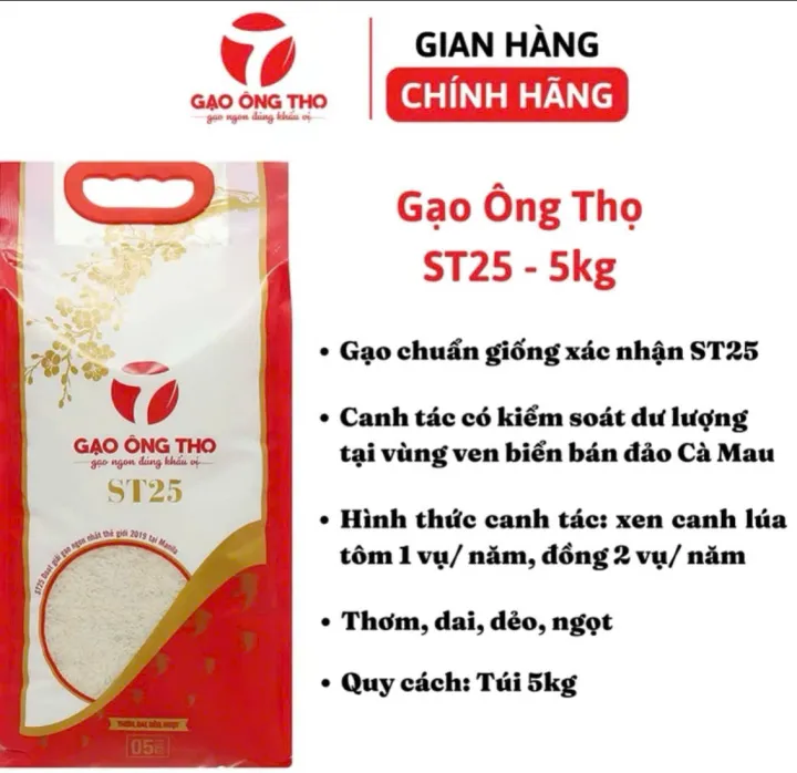 Gạo ST25 Ông Thọ - Túi 5kg - nấu cơm răt dẻo, thơm để nguội không bị khô, date luôn mới