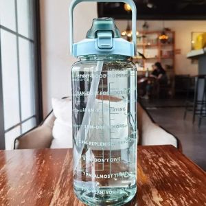 2L Straw Water Bottle Large Capacity Plastic Water Cup Portable Drink Bottle With Time Marker For Outdoor Sports Fitness
