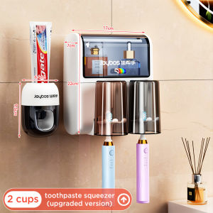 JOYBOS Wall Mounted Toothbrush Holder Set with Dust-Proof Cover Plastic Toothbrush & Mouthwash Cup Organizer No Drilling Installation