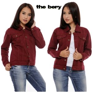 Jaket Denim Wanita Warna Maroon – Model Slim Fit Korea Elegan | Outer Jeans Cewek Eksklusif | Jaket Jeans Cewek Kekinian