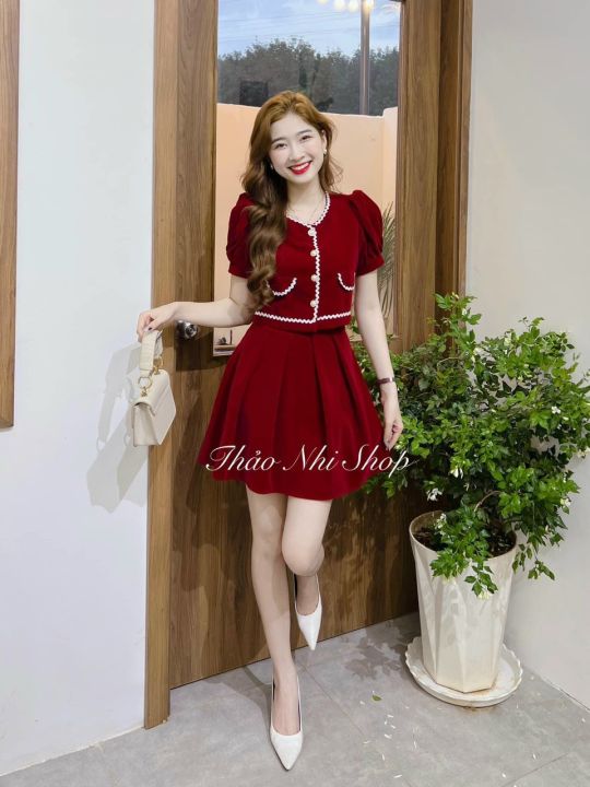 Đầm váy thời trang nữ,đầm NHUNG CỨNG đỏ áo tay bồng CỔ V phối nơ trắng nút  váy đuôi cá sang trọng dành cho nàng đi tiệc | Shopee Việt Nam