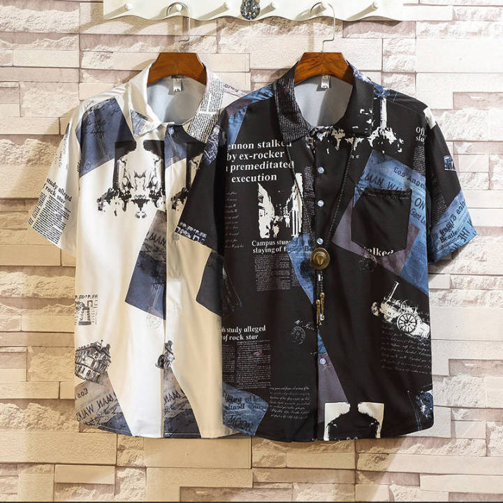 New Mens Short Sleeve Shirt Newspaper Print Thin Shirt Hawaiian
