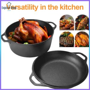 Versatile Cast Iron Dutch Oven with Skillet Lid for Bread Roasting and Frying Durable Black Finish for Indoor and Outdoor Use