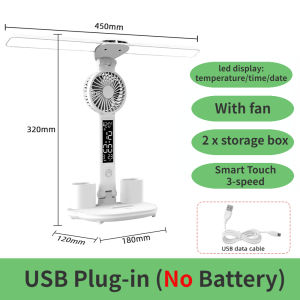 Rechargeable Table Lamp for Study Desk Lamp Reading Light Led Table Light with Fan Led Clock Dispaly Reading Lamp with Pen Holder 2 Heads 180° Rotate Stepless Dimming 3 Light Color In 1 Lamp