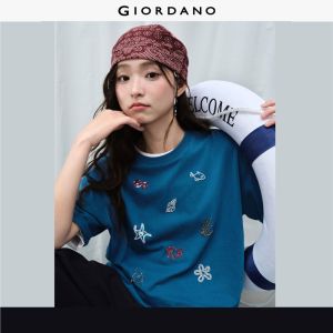 Giordano Women Ocean theme beaded sequin short sleeve tee Free Shipping 18326623