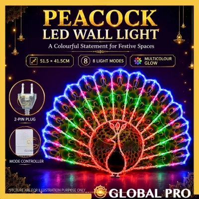 1PC Deepavali Peacock LED Wall Light RGB Multicolour 8 Mode Diwali Festive Display Lampu Lip Lap Hiasan for Indoor Decor