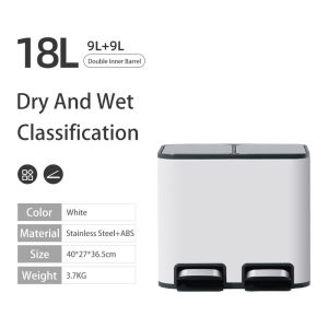 Vision 18L/24L Household Sorting Trash Cans High Capacity Kitchen Dry and Wet Recycle Bin with Lid Stainless Steel Double Bin Rubbish Bin Pedal Garbage Sorting Can with PP Inner Bucket