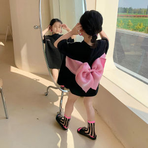 WANDER เสื้อผ้าเด็กผญ ชุดเดรสเด็กผู้หญิง ตกแต่งโบว์แฟชั่น เสื้อยืดแขนสั้นสไตล์เกาหลีความยาวปานกลาง2374