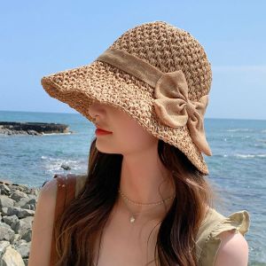 huiheyu topi untuk lindung panas防晒帽uv protection hat women渔夫帽sun hats for women uv bucket hat Retro Casual Anti-UV Sun Hat Matching Bow Bucket Hats Outdoor Visor Caps Seaside Straw Hat Korean Style Cap Women Sun Hat Shading Hat
