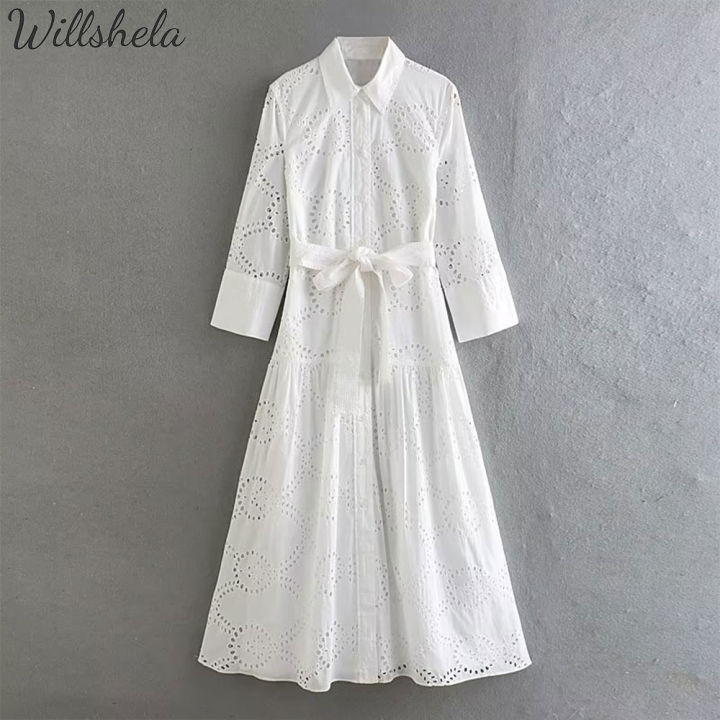 Willshela Women Fashion Plain White Embroidery Cotton Midi Shirt Dress  Lapel Collar Long Sleeves High Waist With Sashes Female Chic Lady Casual - Main Image
